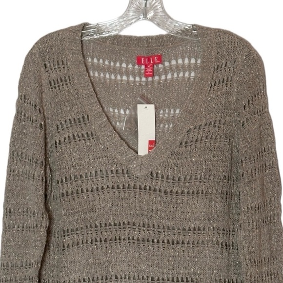 Elle Pullover Sweater Women Size M NWT Taupe V-neck Open Knit Shimmer Layering - Picture 3 of 9